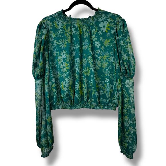 Free People NWT Sea Combo Clarissa Floral Print High Neck Smocked Blouse XS - Picture 3 of 9